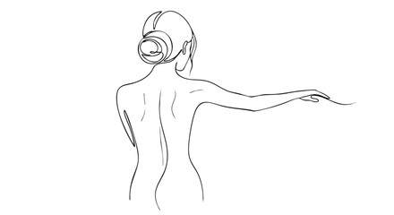 Line drawing of a woman with her back to the viewer, arm outstretched.