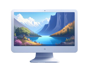 Fototapeta premium Flat illustration of a light gray computer monitor displaying a landscape scene with mountains, a lake, trees, and snow