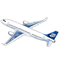 Blue and white passenger airplane watercolor illustration