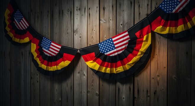 Decorative bunting featuring American and German flag patterns against a rustic wooden wall, symbolizing international friendship and cultural exchange. - Powered by Adobe