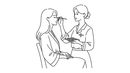 Illustration of a professional makeup artist applying cosmetics to a client s face with a brush in a studio setting