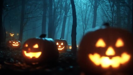 Halloween pumpkins in a misty forest at night - Powered by Adobe