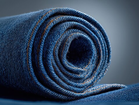 Rolled denim fabric showcasing texture and vibrant indigo color for fashion design inspiration and textile industry projects