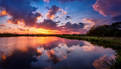 a stunning sunset beautifully reflects on the tranquil water creating a mesmerizing scene with vibrant clouds overhead