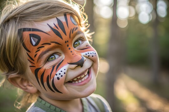 Painted Faces, Animal Spirits – High-Resolution Close-Up of Child with Vivid Face Paint in Nature