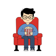 Man Enjoying Movie and Popcorn in Theater Seat Illustration