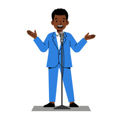 Energetic male speaker engaging an audience with a dynamic presentation, conveying confidence and effective communication concepts for a successful outcome