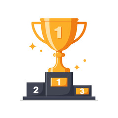 Golden trophy cup for first place on a winner's podium, a vector illustration of a prize for victory and achievement in a competition