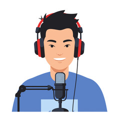 A smiling young man wearing headphones speaks into a professional microphone, representing a podcaster, streamer, or vlogger creating audio content