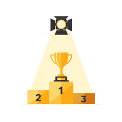 Golden trophy cup on a winner's podium illuminated by a bright spotlight, symbolizing first place victory, success, and achievement