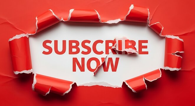 Vibrant red paper torn in the center revealing a subscription message on a white background
