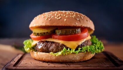 delicious hamburger featuring sesame seed bun fresh lettuce juicy tomato slices pickles and melted cheese perfect for satisfying meal