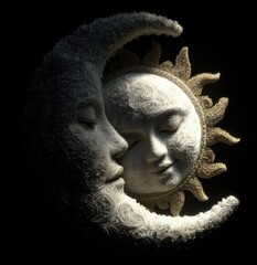 A captivating depiction of the moon and sun, portrayed as intertwined faces, radiating a serene and peaceful mood with intricate, detailed designs, set against a stark black background.