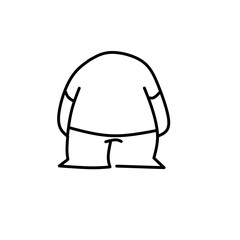 Minimalist black outline drawing of a cartoon figure with a round body and short legs, shown from the back, symbolizing simplicity, humor, and abstract creativity in design.