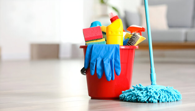 Red Cleaning Bucket Filled With Supplies On A Bright Living Room Floor