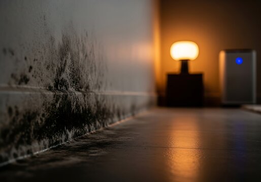 Mold growing on a wall near the floor in a dark room