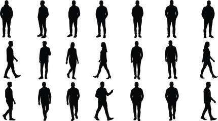 Black silhouette collection of walking and standing people, men and women vector illustration for lifestyle, business, urban city design concepts.