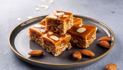 caramel squares with oats and almonds on a gray plate a delightful treat