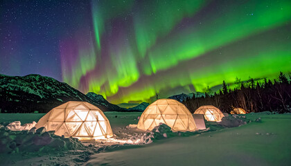 Illuminated geodesic domes glow in a snowy landscape under a vibrant display of green and purple aurora borealis. Mountains and trees are visible in the background.
