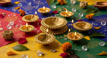 Fototapeta premium Diwali, Deepavali or Dipavali the festival of lights india with gold diya patterned and crystals on paper color Background.