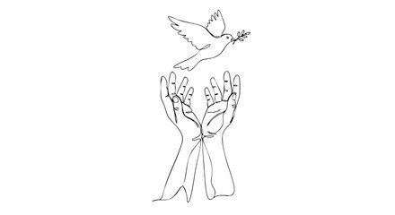 A continuous one-line drawing of hands releasing a peace dove carrying an olive branch.