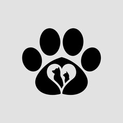 Monochrome paw print emblem enclosing a heart-shaped frame with two cat silhouettes — a minimalist vector logo and pet icon ideal for vets, shelters, boutiques, and pet branding.