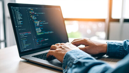 Closeup Of Hands Typing On A Laptop With A Coding Interface In A Well-Lit Room