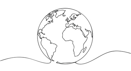 Continuous one-line drawing of planet Earth, a minimalist globe illustration symbolizing global unity and connection. © Alfarizi