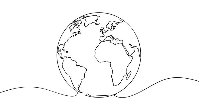 Continuous one-line drawing of planet Earth, a minimalist globe illustration symbolizing global unity and connection.