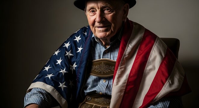 Portrait of a senior man draped in an American flag, wearing a traditional lederhosen.