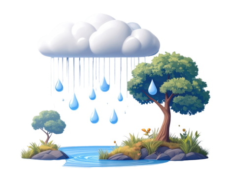 Rain clouds over a landscape with trees and a lake