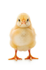 Fototapeta premium Adorable fluffy chick standing upright, looking directly at the camera, isolated on white