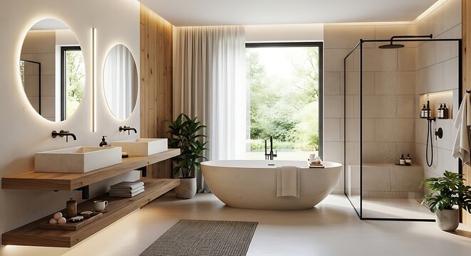 Serene contemporary bathroom interior with a freestanding tub and a scenic view of nature - Powered by Adobe