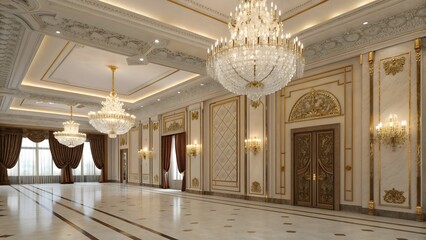 Ornate and luxurious ballroom interior featuring grand chandeliers and elegant architectural details