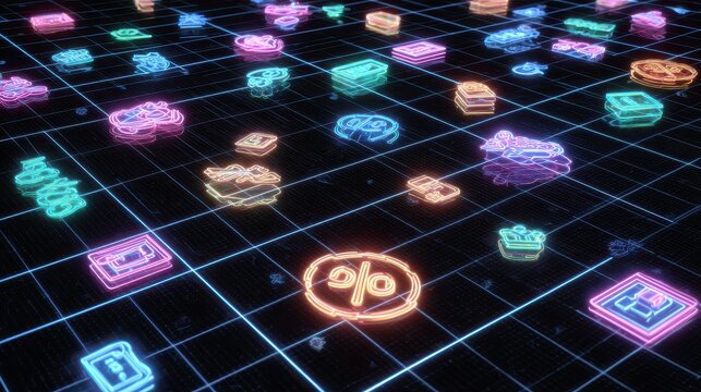 Neon icons scattered across a grid representing various financial and digital transactions online