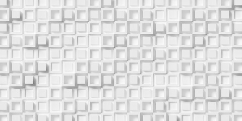 Large white square or cube frames alternating with cubes or boxes geometry background wallpaper banner with random height offset, flat lay top view