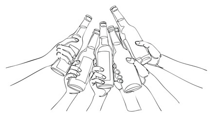 A continuous line drawing of multiple hands toasting with beer bottles in a celebratory gesture.
