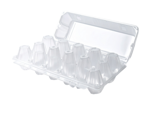 Transparent plastic egg carton, open, with compartments for eggs