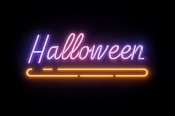 Neon sign style "Halloween" glowing in purple and orange 