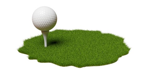 Single white golf ball on white tee over irregular grass patch over white background, golf sports or activity concept