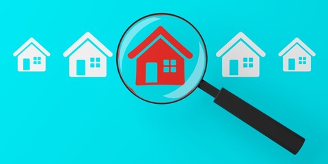 Red house icon in row of white house icons below magnifying glass on blue background, real estate or housing market concept