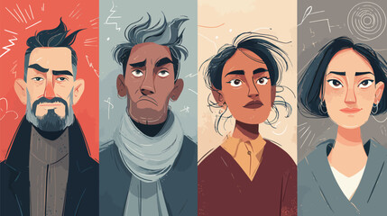 Four distinct portraits depict individuals with unique hairstyles and expressions. Each character displays a different emotional state, reflecting diversity in style and personality.