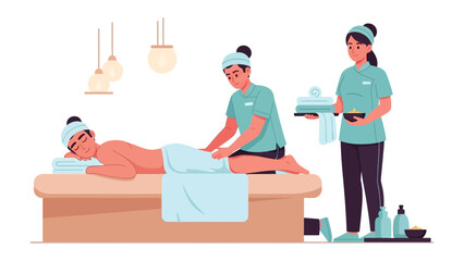 Relaxing spa treatment scene with a person receiving a massage on a table while a therapist applies oil and another assistant stands by with towels and bottles