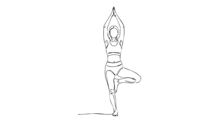 A single line drawing of a woman performing a yoga tree pose.
