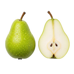 Whole and halved green pear isolated on transparent background