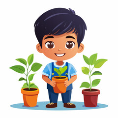 Vibrant illustration of a happy young boy tending to green plants in pots, isolated on white. Captures childhood joy, gardening, and nature's growth