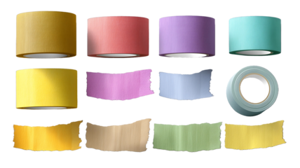 collection of masking tapes and washi tapes torn ends curled edges isolated on transparent background soft shadow
