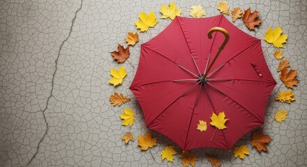 Autumn Umbrella Surrounded by Colorful Leaves on Concrete Background.