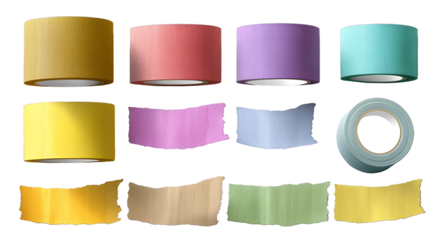 collection of masking tapes and washi tapes torn ends curled edges isolated on transparent background soft shadow