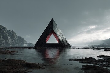 Dark triangle monument in watery landscape